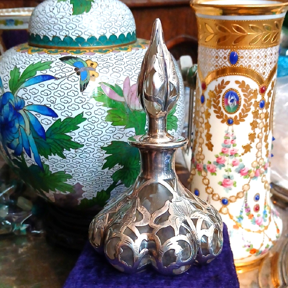 Elegant Sterling Silver Overlay 1910 Perfume Bottle